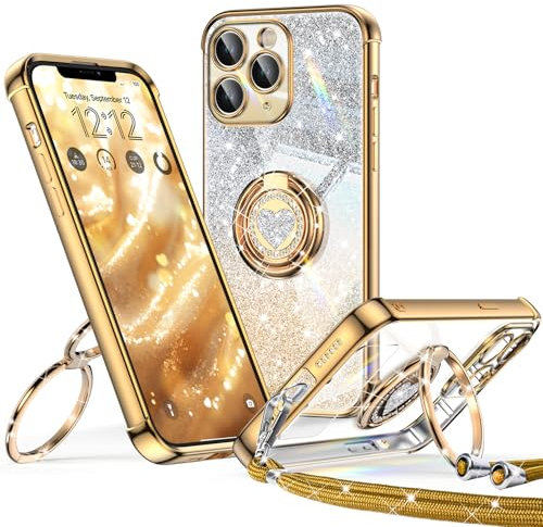 XYZ für iPhone 11 Pro Hülle mit Band, Herzen Doppelring Ständer Luxus Glitzer HandyHülle Kameraschutz, Frauen Stoßfest Elektroplattiert Soft TPU SchutzHülle Clear iPhone 11 Pro Case, Gold