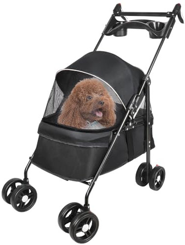 OHMG Kinderwagen für Hunde und Katzen, faltbar, für kleine und ältere Hunde, bis zu 20 kg, Räder mit 360°-Bremsen, XXL-Korb, 3 Fenster, Getränkehalter, Hundewagen