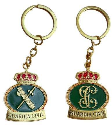 Llavero Guardia Civil Doble Cara 10 cm – Insignia Emblemática en Aleación de Zamak – Haz de Lictores y Espada Desnuda + Iniciales Coronadas en Óvalo Verde con Bandera de España – Diseño Detallado 3,5
