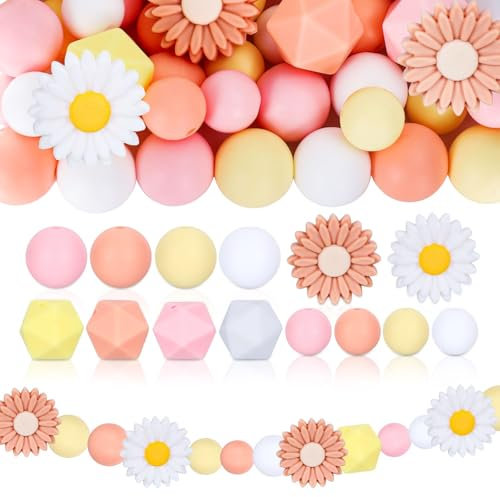 UNOZAVER Lot de 72 perles en silicone en forme de fleurs multicolores pour bricolage, porte-clés, fabrication de bijoux, colliers, bracelets, stylos (rose)