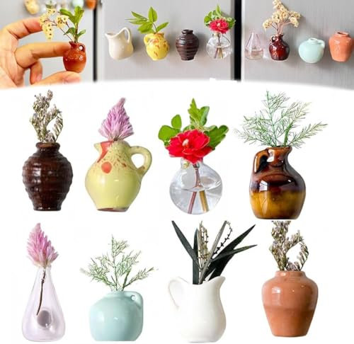 8PCS Mini Vase Magnets - Bud Vasen Magnetisch Süße Mini Harzmagnete für den Kühlschrank, 3D Harz Blumenvasen mit Plastik Trockenblumen, Lustige Kühlschrank-Accessoires, Dekoration für Küche und Büro
