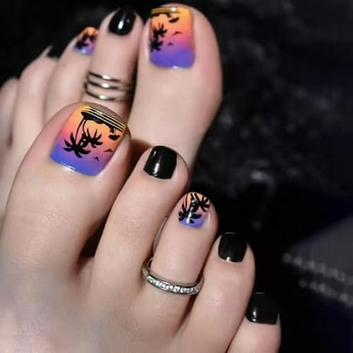 Maigitur Summer Short Square Fake Nails Coconut Palm Tree Full Cover Black Ombre Purple Orange Glossy Beach Style Nails for Women Manicure (24 PCS)
