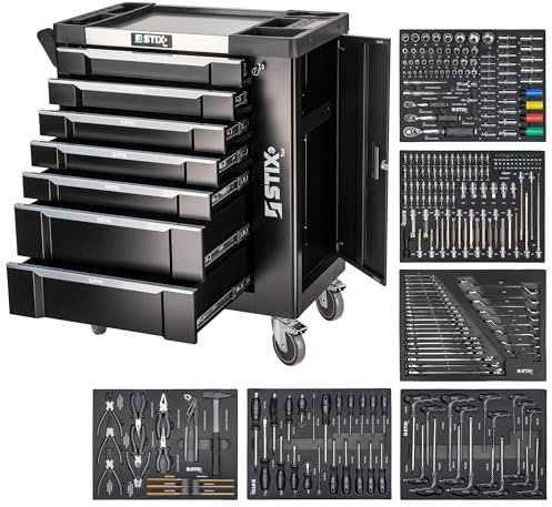 Stix UltimatePro A7/TS1 Werkstattwagen Werkzeugwagen mit 267 Cr-V Werkzeugen, 7 Schubladen, Edelstahl-Arbeitsplatte, Seitenschrank