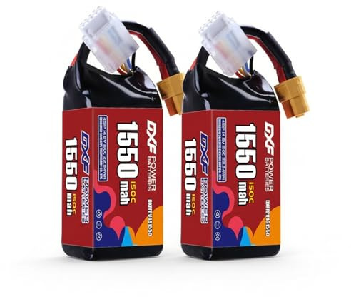 DXF 2Pack 1550mAh 14.8V 150C 4S LiPo Battery XT60 Plug, High Discharge RC Battery for FPV Racing Drone Quadcopter Helicopter Airplane Boat Car Truck Racing Models