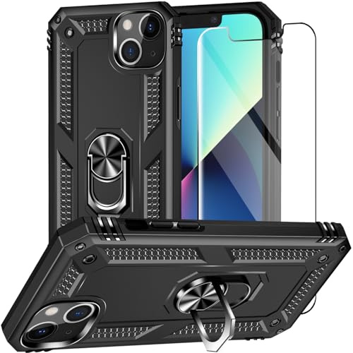 Jihucase for iPhone 13 Case with Screen Protector:[Military Grade Drop Tested] Ring Holder Kickstand Shockproof Anti-Slip Protective Phone Case for iPhone 13 6.1- Black