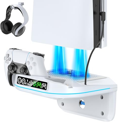 Support de Refroidissement Mural PS5 avec Chargeur de Manette, Ventilateur avec 3 Vitesses et Éclairage Ambiant RVB, Support PS5 Compatible avec PS5/ Slim/ Pro, Station de Recharge et Accessoire PS 5