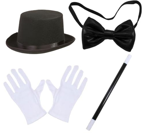 Costume de magicien adulte, 4 pièces/ensemble de costume magicien, kit d'Halloween avec chapeau haut, baguette, gants et nœud papillon adulte pour fêtes, cosplay et événements à thème, chapeau