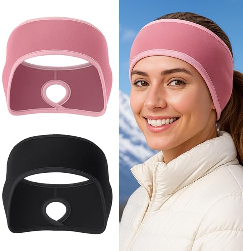 FOSDICK 2 Pack Running Headband, Fleece Ear Warmers Headband, Winter Thermal Headbands with Ponytail Hole for Women, Cozy Stretchy Earmuffs for Running Cycling Hiking Outdoor Sports