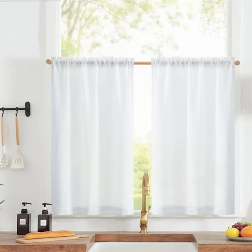 Scheibengardinen Bistrogardine - 2er Set 65x60cm Küchengardinen Weiß Halbtransparente Küchengardine Kurz Vorhang Modern Scheibengardine für Wohnwagen Landhausstil Bauernhaus Gardinen Lichtdurchlässig