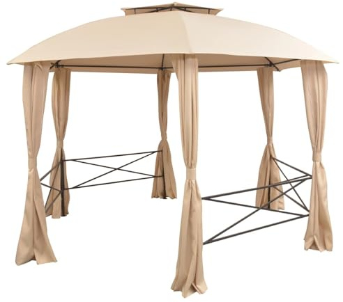 HOMELEN Hexagonal Gazebo Tent with Curtains 360x265cm Water-Resistant Beige Polyester Outdoor Pavilion Sun Shelter for Garden Parties BBQs Family Gatherings