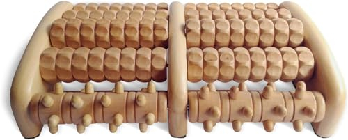 TheraFlow Fußmassageroller Holz inkl. Fußreflexzonenkarte - Durchblutungsförderndes Fußmassagegerät, Fußmassage Fersensporn Massagegerät für Füße, Fußreflexzonenmassage Gerät aus Echtholz