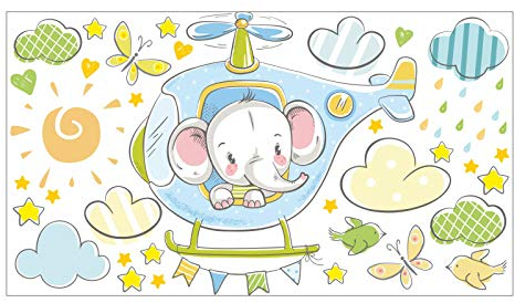 029 Wandtattoo Elefant auf Hubschrauber hellblau Kinderzimmer Babyzimmer - in 6 Größen - niedliche Kinderzimmer Sticker Babyzimmer Aufkleber süße Wanddeko Wandbild Junge (1250 x 700 mm)