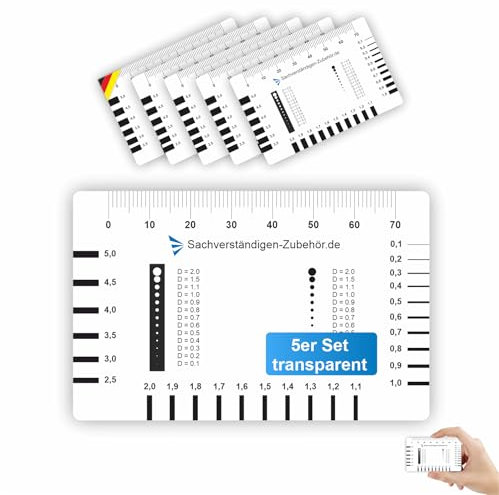 Sachverständigen-Zubehör® Fessurimetro [Set di 5 Fessurimetro TRASPARENTE] Monitoraggio delle crepe | Attrezzatura Perito | Fessurimetro Angolare | Righello della Larghezza della Fessura | Manuale
