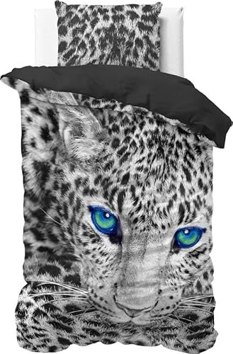 Sleeptime Bettwäsche 2teilig 135cm x 200cm 2teilig grau - Cheetah - weich & bügelfrei Bettbezüge mit Reißverschluss - Bettwäsche Set mit 1 Kissenbezüge 80cm x 80cm