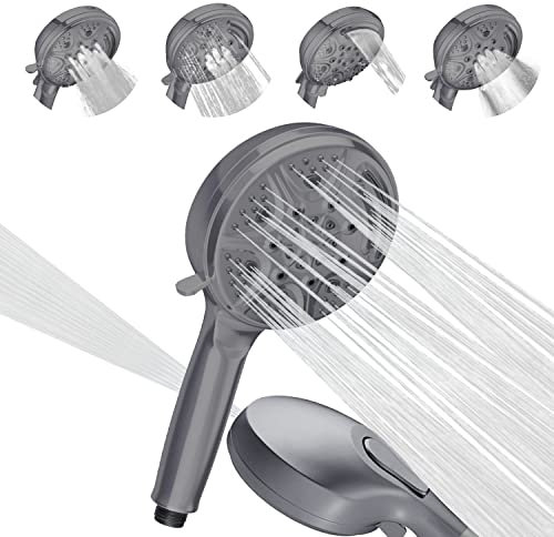 SparkPod 5 Inch 9 Spray Setting Shower Head - High Pressure Jet with On/Off Switch, Pause & Waterfall Setting - Premium ABS Removable Handheld Shower Head (Charcoal Grey)