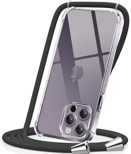CAROKI Crossbody Case for iPhone 14 Pro,Necklace Mobile Phone Cover with Cord Strap Clear Transparent TPU Soft iPhone 14 Pro Cover Holder with Neck Cord Lanyard Strap-Black