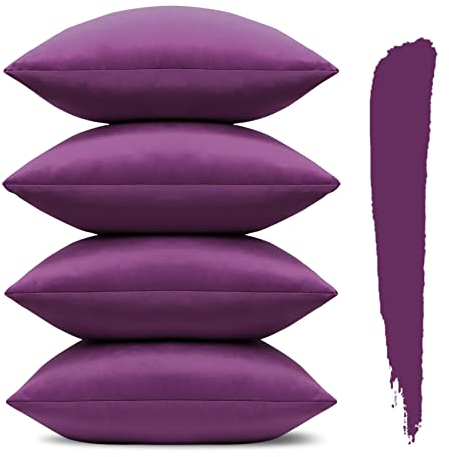 Sungeek 4er Set Samt Kissenbezüge 45x45 cm, Dekorativ Zierkissenbezüge Weich Kissenbezug Dekokissen Sofakissen Couchkissen Deko Bezug Kissenhülle für Sofa Schlafzimmer Wohnzimmer (Aubergine Violett)