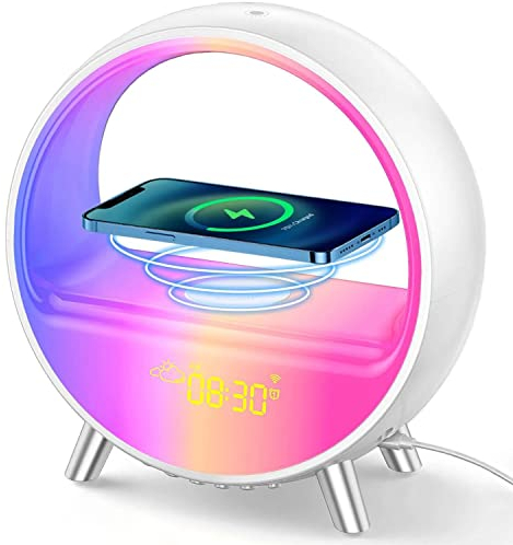 Bammare LED Nachttischlampe mit Wecker, WiFi Smart Tischlampe Klangmaschine, Lausprecherkompatibel Alexa/ Google Assistant, 12/24 Kalender, App-Steuerung, Geschenk für Weihnachten, Party, Weiß-1