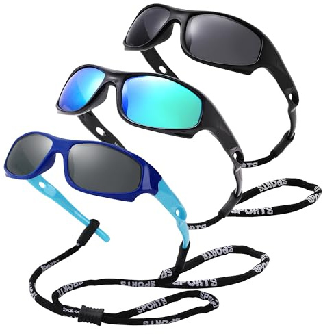 Pro Acme TR90 Unbreakable Polarized Sports Sunglasses for toddle kids Boys and Girls Children Youth Sunglasses With Strap for Age 3-12 (Blue/Sky Blue + Black/Green Mirrored+Matte Black)