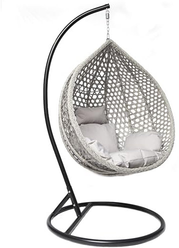 GOODS EMPORIUM Luxury Hanging Rattan Egg Swing Chair Patio Garden Cocoon Relaxing Hammock with Cushions - RAIN COVER INCLUDED (Medium, Black - Grey - Grey)