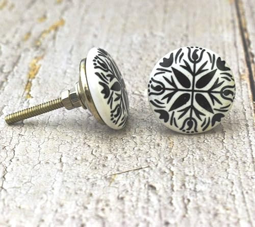 ARTISNO Ceramic Knobs for Cabinets - Set of 10 Decorative Black & Off-White Handprinted Boho Ceramic Knobs for Home Kitchen Cabinet Drawer | Wardrobe and Dresser Pulls (1.5-Inch Diameter)