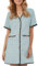 Tweed-Kleid für Damen, Buttoons, Colorblock-Plaid, Shiftkleid, kurze Ärmel, Minikleider, Blau, Groß