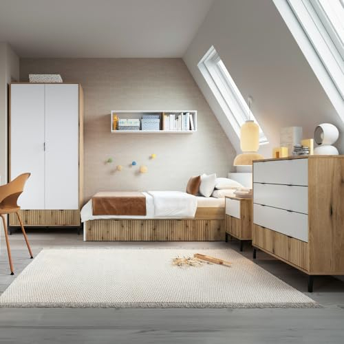 Jugendzimmer Komplett Set 5-teilig mit Kleiderschrank, Nachttisch, Kommode, Wandregal und Bett 90x200 cm in Eiche mit weiß