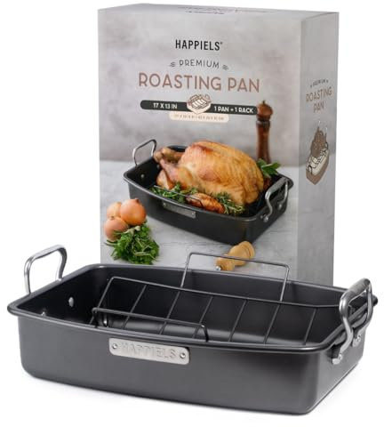 HAPPIELS 17 x 13 inch Roasting Pan with Rack, 20-25 lb Large Turkey Roasting Pan for Oven Non Stick, Turkey Roaster Pan with Rack, Roasting Pans, Turkey Pan, Deep Roast Pan, Prime Rib Roaster