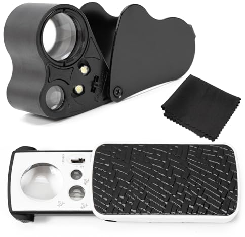 Lot de 2 loupes de bijoutier - 30 x 40 x 60 x - Avec chiffon de nettoyage pour lunettes - En métal - Avec lumière UV LED - Pour travaux manuels, bijoux, pièces de monnaie, pierres précieuses, timbres