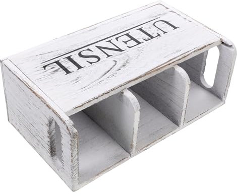 Organizador De Utensilios De Cocina De Madera Blanca Para Encimera, Soporte Multifuncional Con Compartimentos Para Cucharas, Cubiertos Y Almacenamiento De Libros, 10.6 X 6 X 4 Pulgadas