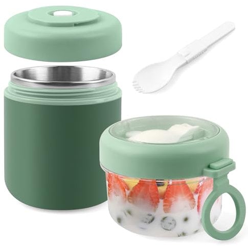 Acasimo Tazza per cereali in acciaio inox, 2 in 1, con cucchiaio, 530 ml + 330 ml, portatile, a prova di perdite, adatto per congelatore, lavastoviglie, adulti (verde)