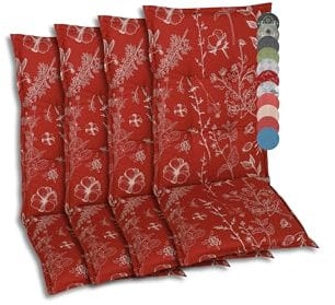 GO-DE Textil Bequeme und attraktive Polsterauflagen für Mittellehner-Gartenstühle (4er-Set, Design: Floral Rot)