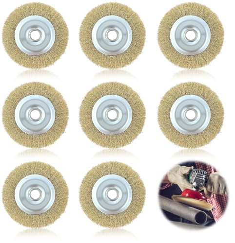 8pcs 100mm Wire Wheel Brush 4-Inch Brass Plated Crimped Steel Wire Brush Bench with 16mm Arbor Hole Compatible with Patio Cleaners Drills Grinders for Rust Removal Polishing Deburring Joint Cleaning