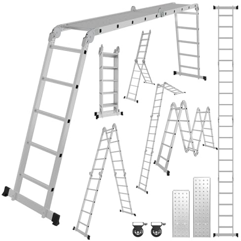 Hebitod Mehrzweckleiter 4x5, 7in1 Teleskopleiter Alu 582CM Vielzweckleiter Multifunktionsleiter mit 2 Plattform und Räder, Haushaltsleiter Max Belastung 150kg, Klappleiter 20 Sprossen