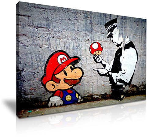 BANKSY Mario Cop Graffiti Stretched Canvas Wall Art Picture Print For Magic Mushroom Fans Home Hotel Office Decoration (76x51 cm)
