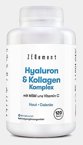 Ácido Hialurónico y Colágeno con Biotina, Zinc, Selenio, Vitaminas C y E - 150 Cápsulas - Para Piel, Articulaciones y Huesos - 1000 mg de Colágeno + 200 mg de Ácido Hialurónico por Dosis - Zenement