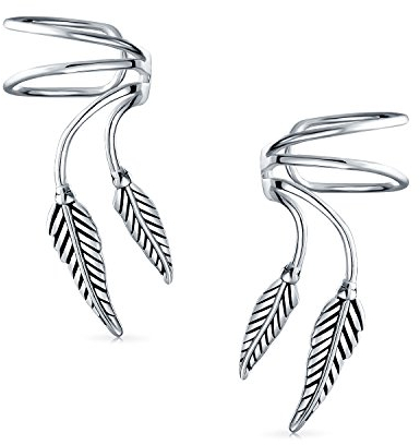 Doppelblatt-Feder-Knorpel-Ohrmanschetten Clip Wickeldraht-Ohrringe Helix-Westernschmuck Für Frauen Für Männer Nicht Durchstochenes Ohr Oxidiertes .925 Sterlingsilber