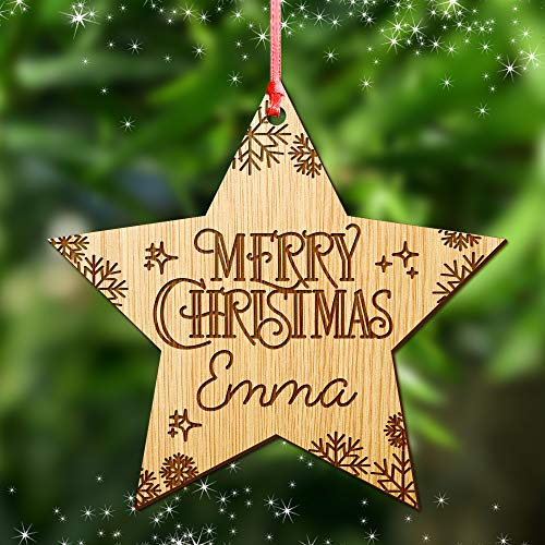 Personalised Christmas Xmas Tree Bauble - Wooden Xmas Family Tree Ornament/Decoration - Engraved Xmas Gift For Family For Couple Hand Finished in UK(Star)