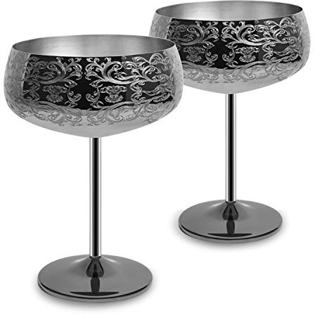 SKY FISH Martini Glasses, Stainless Steel Coupe Cocktail Glass with 2 Cocktail Picks, Vintage Champagne Glasses Set of 2,400ml (Black)