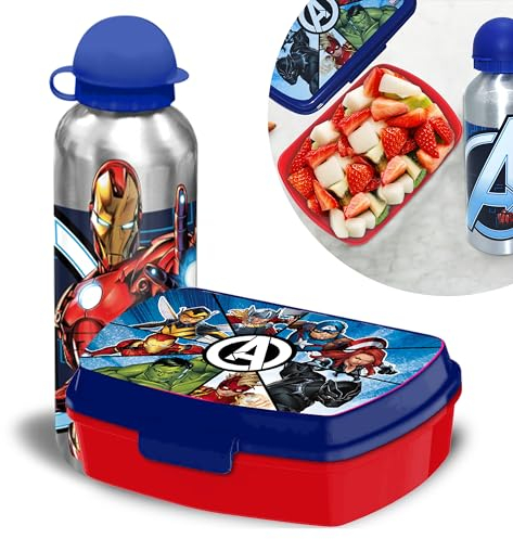 Kids Licensing - Set con borraccia per l'acqua e scatola portapranzo per bambini, da viaggio, per picnic (set portapranzo degli Avenger)