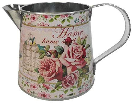 Small Jug Artificial Flower Vase Bluebird Pink Rose Butterfly Design Metal Decal Style 12cm