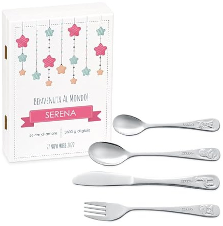 Maverton Set di 4 posate per bambini con incisione + scatola in legno con stampa personalizzata - motivo animali - idee regalo per battesimo bimba - stelle