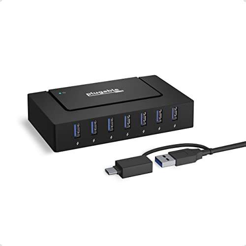 Plugable hub de Carga USB de 7 Puertos para portátiles con USB-C o USB 3.0 - Estación de Carga USB enchufable para múltiples Dispositivos y Transferencia de Datos con un Adaptador alimentación de 60W