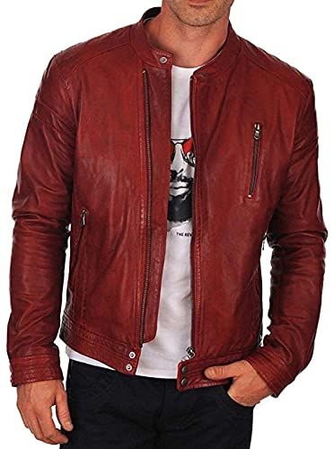 Rote Lederjacke für Herren, Vintage-Stil, Café-Racer-Stil, Motorradjacke, Biker, Echtlederjacke, Echtes Leder - Rostrot, M