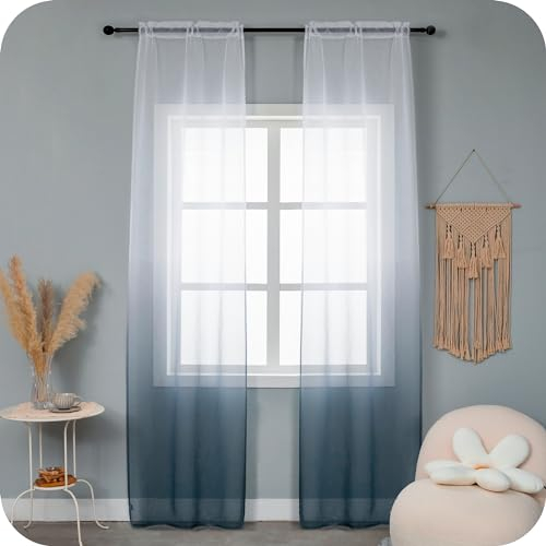 GIRASOLE HOME Coppia Tende Voile Semi Trasparenti Colore Sfumato Bianco e Grigio Tenda per Soggiorno Camera Cameretta Cucina e Interni 2 Pannelli con Tasca 70x258cm