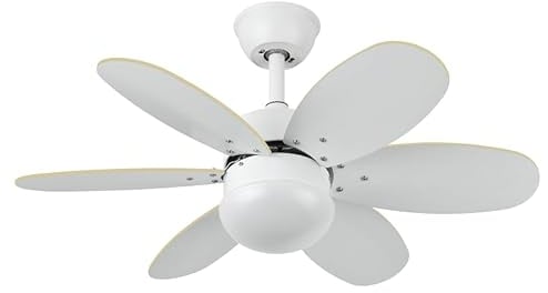 FABRILAMP Ventilador DC 6 aspas, reversible blanco/haya, 41x85 cm, control remoto y temporizador, ideal para climatizar espacios y mejorar el confort.