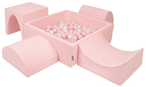 KiddyMoon Spielplatz Aus Schaumstoff Mit Quadrat Bällebad (300 Bälle) Ballgruben Für Babys Spielbad Hindernisläufen, Hergestellt In Der EU, Pink:Puderrosa/Perle/Transparent
