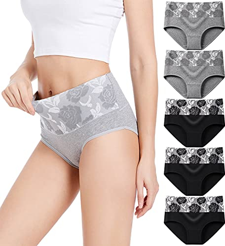 HAVVIS Damen-Slips Unterwäsche Baumwolle hohe Taille Bauchkontrolle Rose Jacquard Damen-Slip Multipack (XL, A02-5er Pack - 3schwarz, 2Grau)
