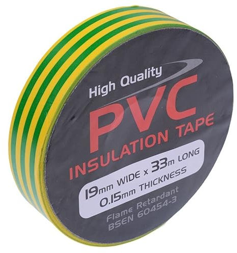 Switch Electronics 19mm x 33m Coloured PVC Insulation Insulating Self Adhesive Tape BSEN 60454-2 (Pack of 1, Yellow/Green)