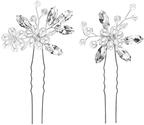 Lot de 2 Dames Filles Accessoires Cheveux, Épingles À Cheveux De Mariée，Accessoires Cheveux Mariage, Pinces À Cheveux Strass，Barrette à Cheveux Perle en Forme de U，Pour Marriage ，Soirée (Argent)
